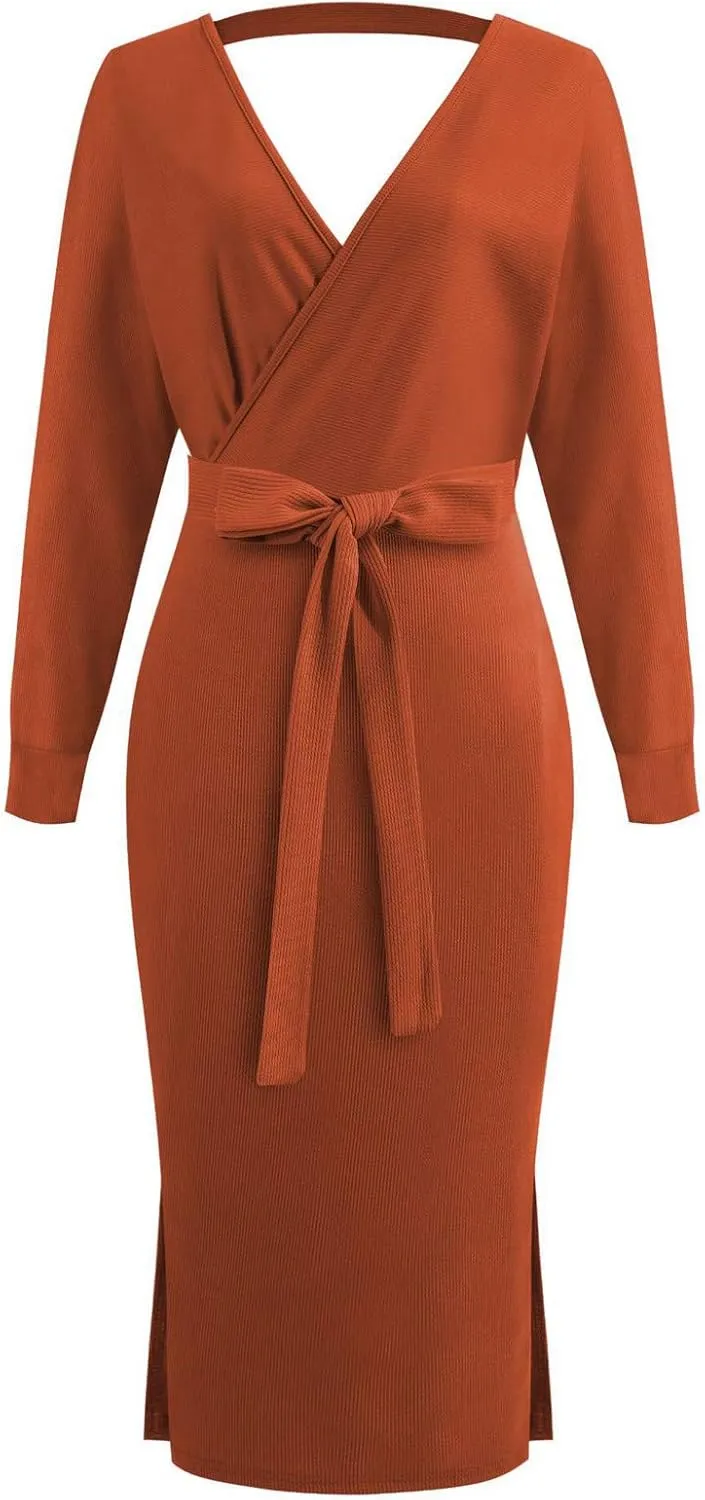 Women's Sexy Cocktail Batwing Long Sleeve Wrap Knit Sweater Dress Fashion V Neck Bodycon Pencil Midi Dresses