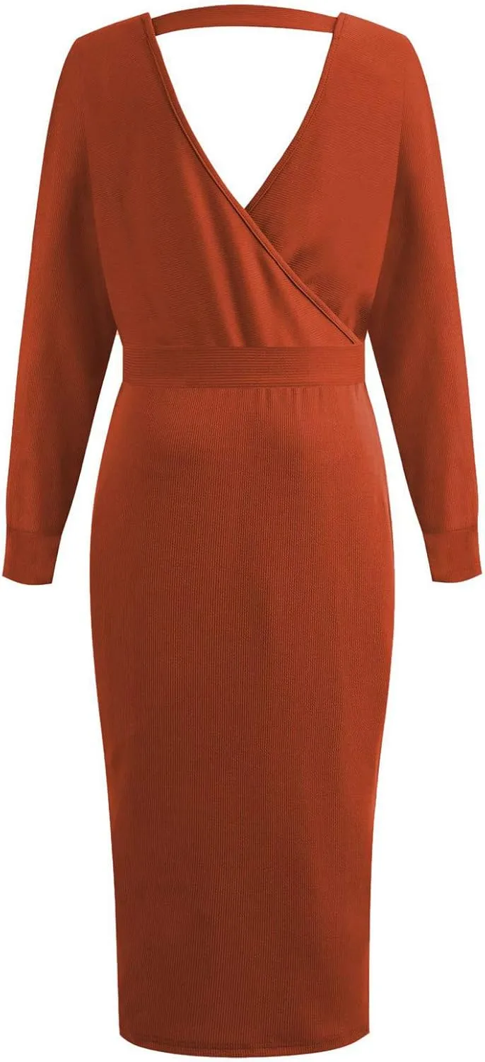 Women's Sexy Cocktail Batwing Long Sleeve Wrap Knit Sweater Dress Fashion V Neck Bodycon Pencil Midi Dresses