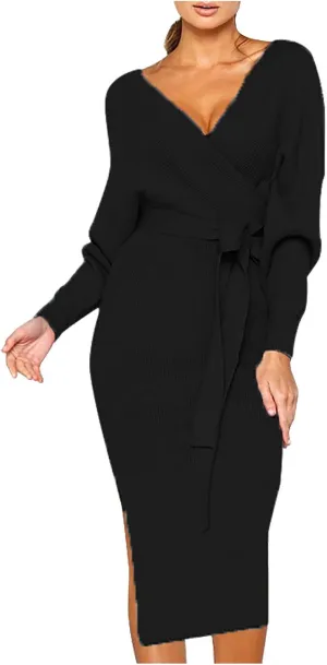 Women's Sexy Cocktail Batwing Long Sleeve Wrap Knit Sweater Dress Fashion V Neck Bodycon Pencil Midi Dresses