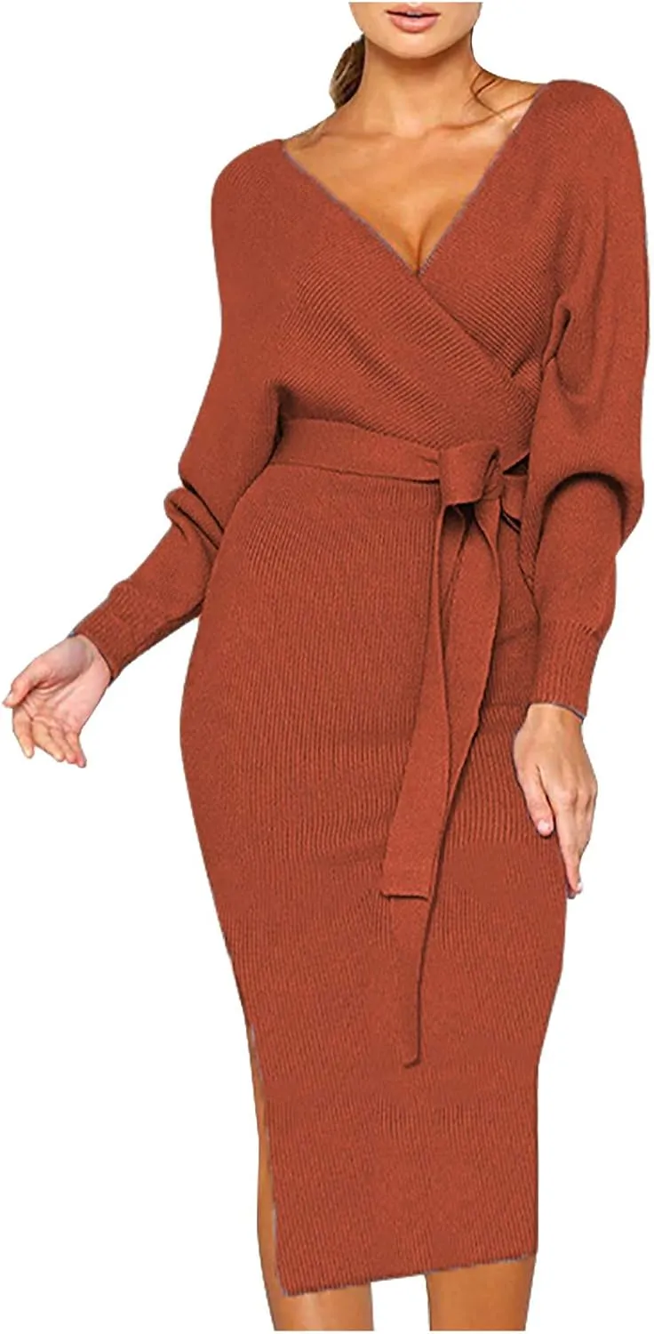 Women's Sexy Cocktail Batwing Long Sleeve Wrap Knit Sweater Dress Fashion V Neck Bodycon Pencil Midi Dresses