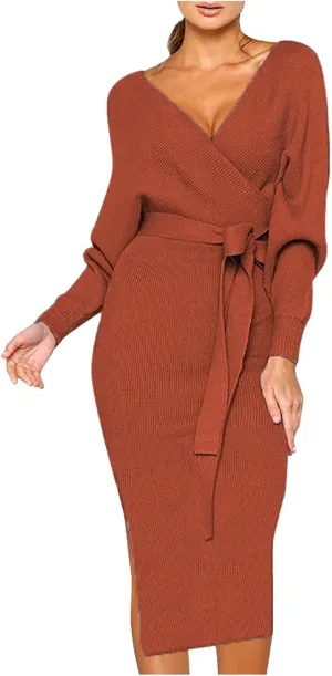 Women's Sexy Cocktail Batwing Long Sleeve Wrap Knit Sweater Dress Fashion V Neck Bodycon Pencil Midi Dresses