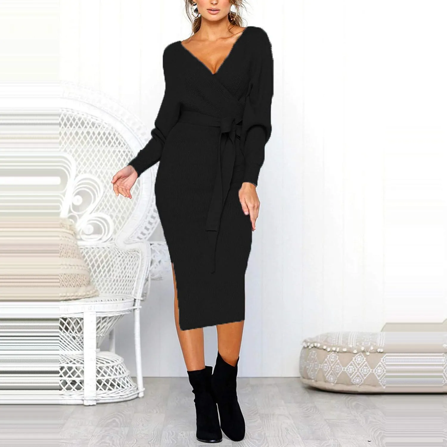 Women's Sexy Cocktail Batwing Long Sleeve Wrap Knit Sweater Dress Fashion V Neck Bodycon Pencil Midi Dresses