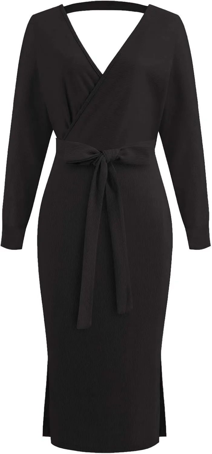 Women's Sexy Cocktail Batwing Long Sleeve Wrap Knit Sweater Dress Fashion V Neck Bodycon Pencil Midi Dresses