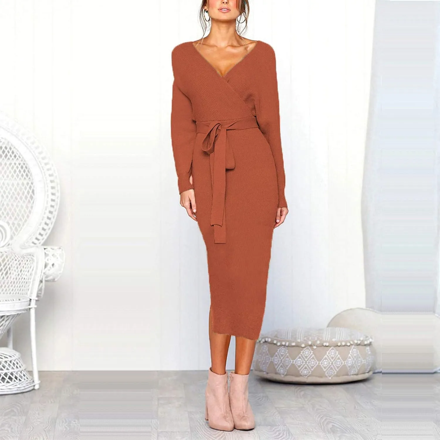 Women's Sexy Cocktail Batwing Long Sleeve Wrap Knit Sweater Dress Fashion V Neck Bodycon Pencil Midi Dresses