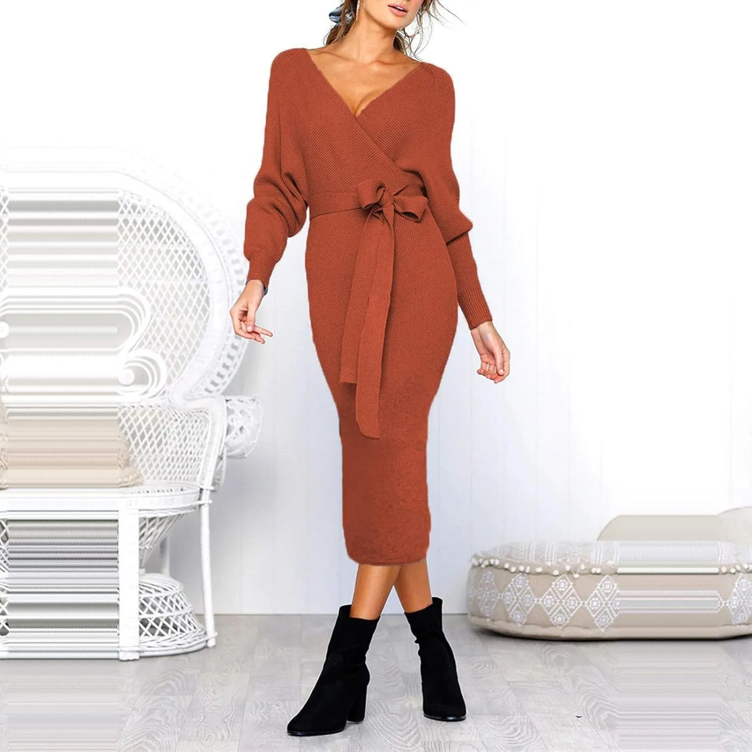 Women's Sexy Cocktail Batwing Long Sleeve Wrap Knit Sweater Dress Fashion V Neck Bodycon Pencil Midi Dresses
