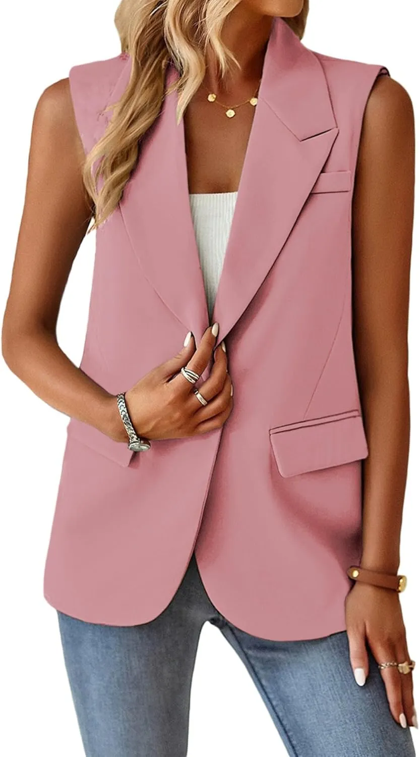 Women's Sleeveless Blazers Open Front Casual Blazer Vests Solid Color Lapel Single Button Lightweight Jackets Women