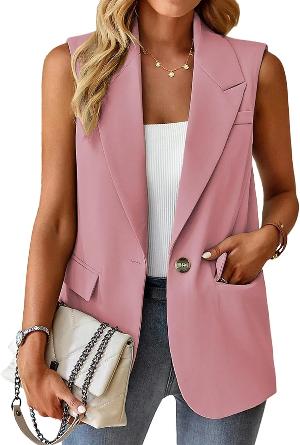 Women's Sleeveless Blazers Open Front Casual Blazer Vests Solid Color Lapel Single Button Lightweight Jackets Women