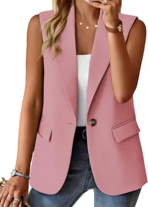 Women's Sleeveless Blazers Open Front Casual Blazer Vests Solid Color Lapel Single Button Lightweight Jackets Women
