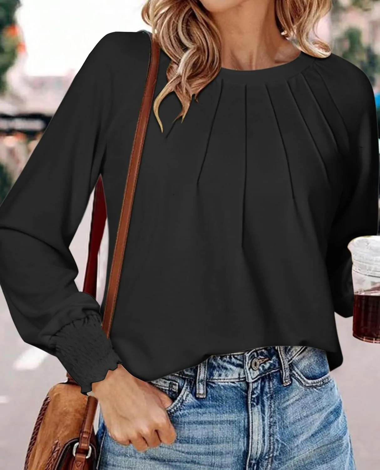 Womens Spring Fashion 2025 Long Sleeve Tunic Tops to Wear with Leggings Crewneck Pleated Shirts Loose Fit Cute Tee