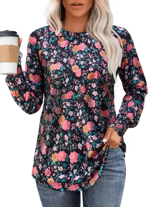 Womens Spring Fashion 2025 Long Sleeve Tunic Tops to Wear with Leggings Crewneck Pleated Shirts Loose Fit Cute Tee