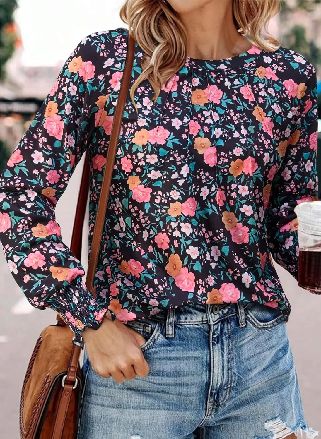 Womens Spring Fashion 2025 Long Sleeve Tunic Tops to Wear with Leggings Crewneck Pleated Shirts Loose Fit Cute Tee