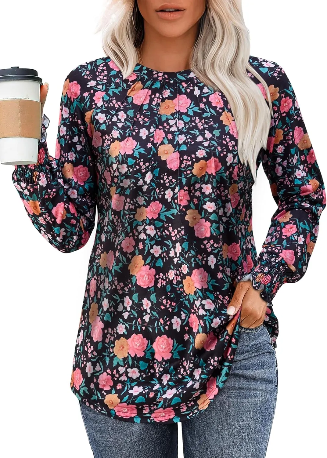 Womens Spring Fashion 2025 Long Sleeve Tunic Tops to Wear with Leggings Crewneck Pleated Shirts Loose Fit Cute Tee