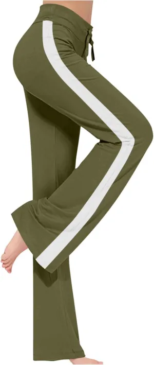 Women's Striped Wide Leg Pants High Waist Drawstring Yoga Pants Tummy Control Straight Leg Gym Workout Athletic Pants