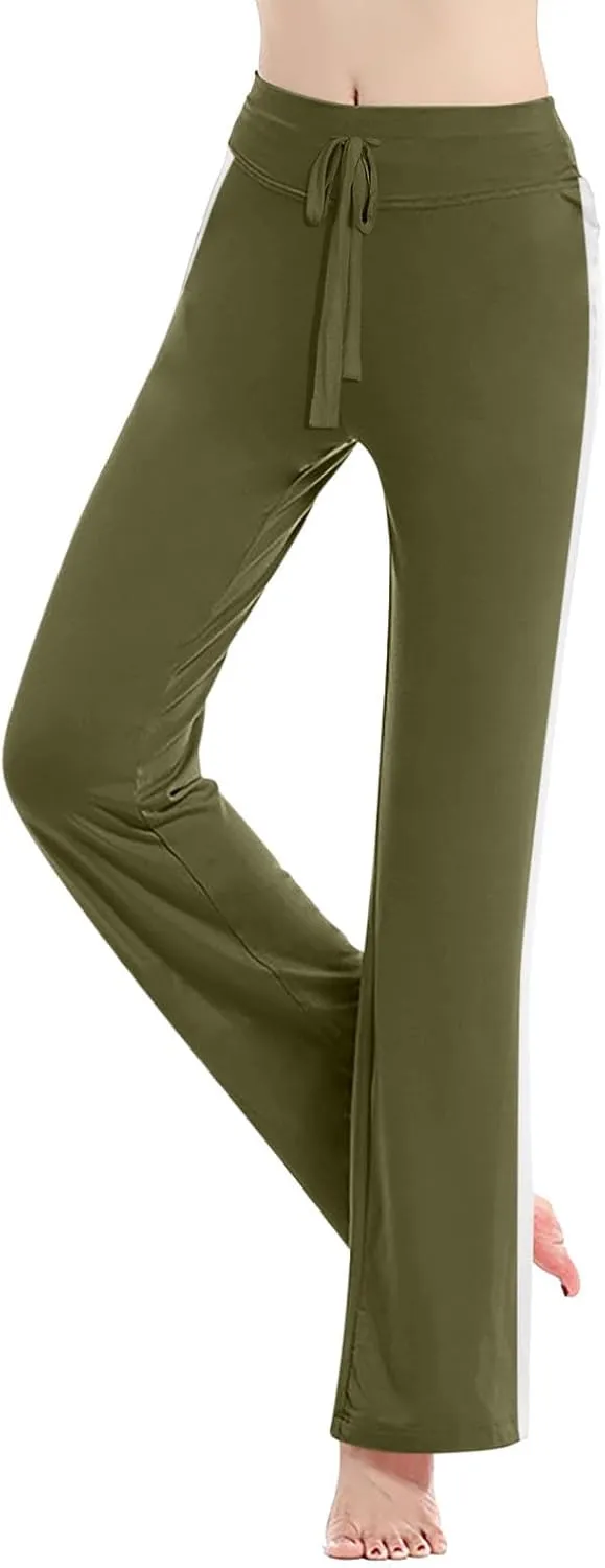 Women's Striped Wide Leg Pants High Waist Drawstring Yoga Pants Tummy Control Straight Leg Gym Workout Athletic Pants