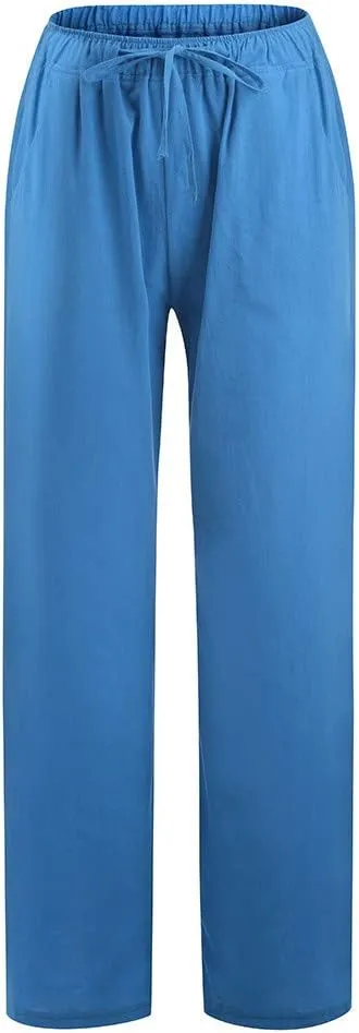 Womens Summer Cotton Linen Pants High Waist Drawstring Wide Leg Palazzo Pant 2025 Lightweight Comfy Lounge Trousers