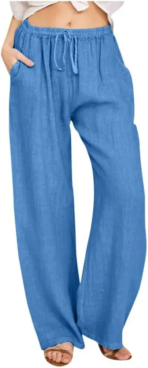 Womens Summer Cotton Linen Pants High Waist Drawstring Wide Leg Palazzo Pant 2025 Lightweight Comfy Lounge Trousers