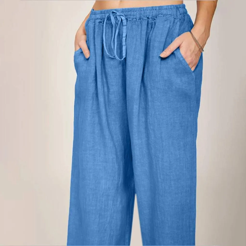 Womens Summer Cotton Linen Pants High Waist Drawstring Wide Leg Palazzo Pant 2025 Lightweight Comfy Lounge Trousers