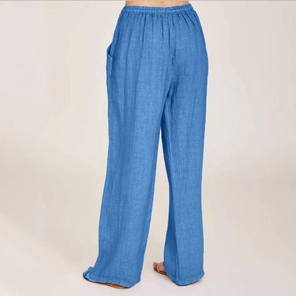 Womens Summer Cotton Linen Pants High Waist Drawstring Wide Leg Palazzo Pant 2025 Lightweight Comfy Lounge Trousers
