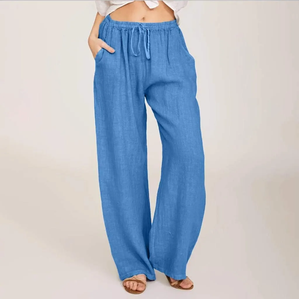 Womens Summer Cotton Linen Pants High Waist Drawstring Wide Leg Palazzo Pant 2025 Lightweight Comfy Lounge Trousers