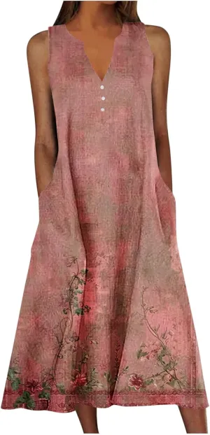 Womens Summer Dresses Boho Floral Printed Sundress Casual Button V-Neck Sleeveless Beach Vacation Midi Dress