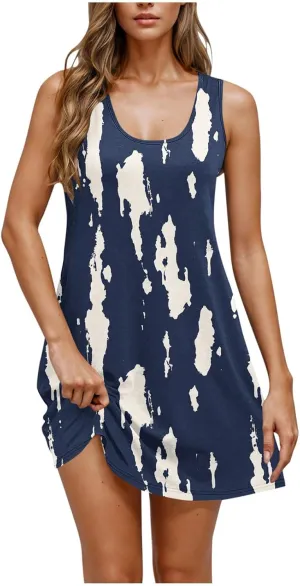 Womens Summer Dresses Casual Sleeveless Tshirt Sundress Loose Flowy Boho Floral Print Beach Cover Up Loose Tank Dress
