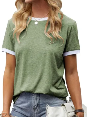 Womens T Shirt Short Sleeve Crew Neck Basic Color Block Tee Tops
