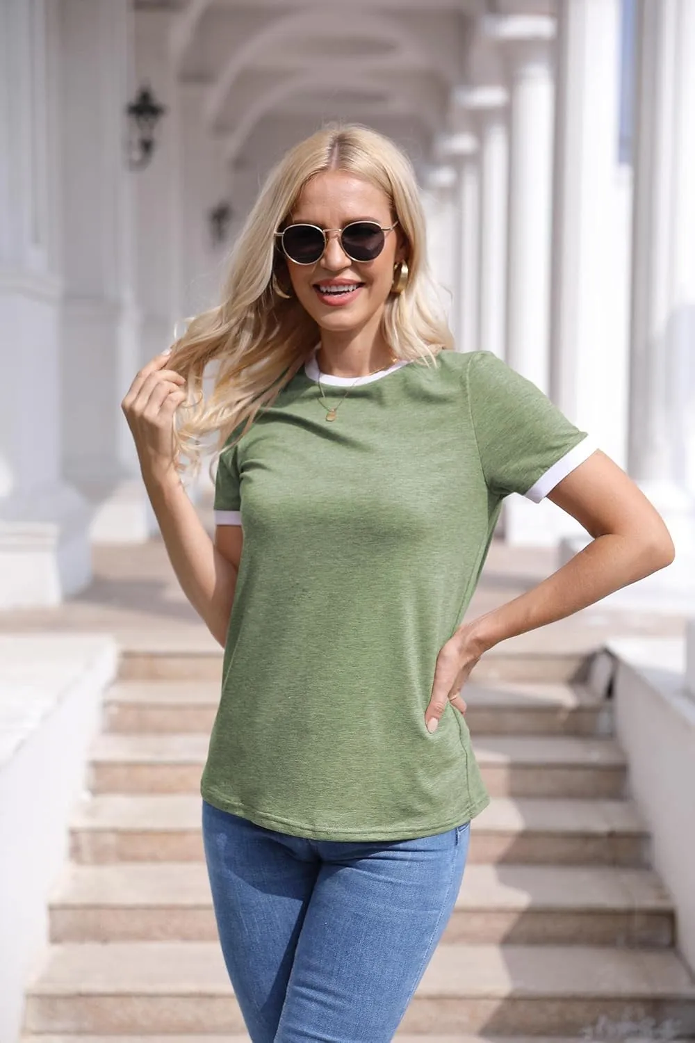Womens T Shirt Short Sleeve Crew Neck Basic Color Block Tee Tops