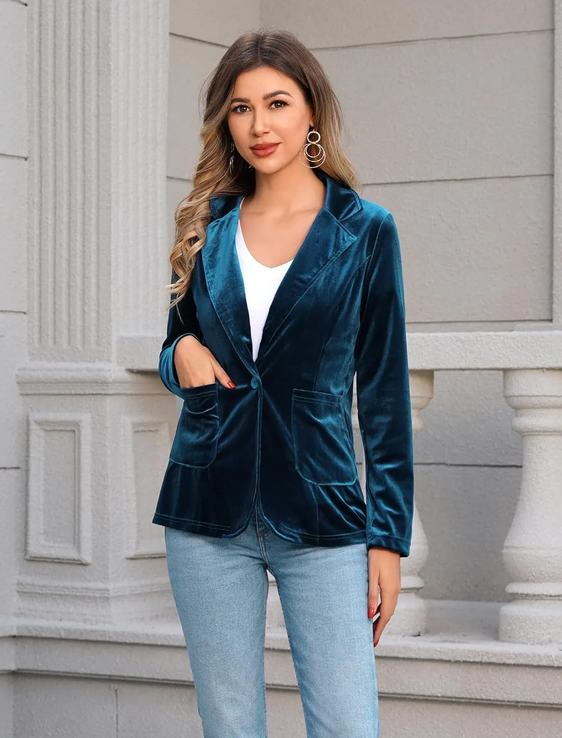 Women's Velvet Blazer Long Sleeve Open Front Button Jacket Outwear with Pockets