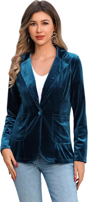 Women's Velvet Blazer Long Sleeve Open Front Button Jacket Outwear with Pockets