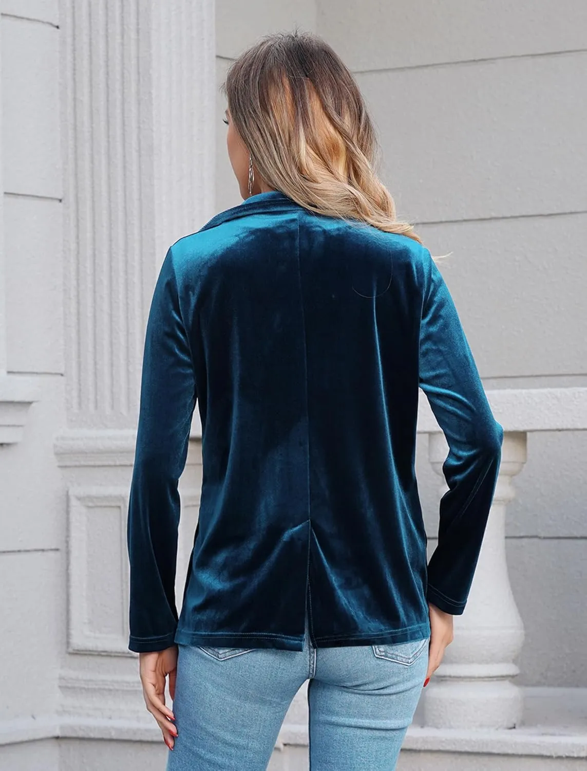 Women's Velvet Blazer Long Sleeve Open Front Button Jacket Outwear with Pockets