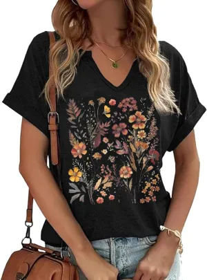 Womens Vintage Flowers V Neck Printed Shirt Funny Boho Flower Graphic Tee Casual Wildflower Botanical Short Sleeve