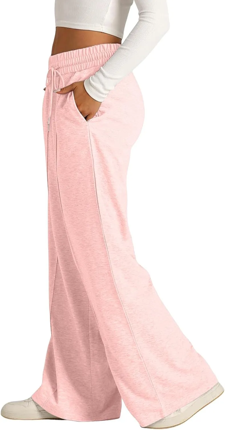 Womens Wide Leg Sweatpants Lightweight High Waisted Baggy Sweat Pants Drawstring Workout Athletic Joggers with Pocket