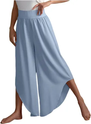 Women's Yoga Palazzo Pants Trendy Flowy Elastic Waist High Fork Wide Leg Pants Comfy Breathable Loose Baggy Trousers