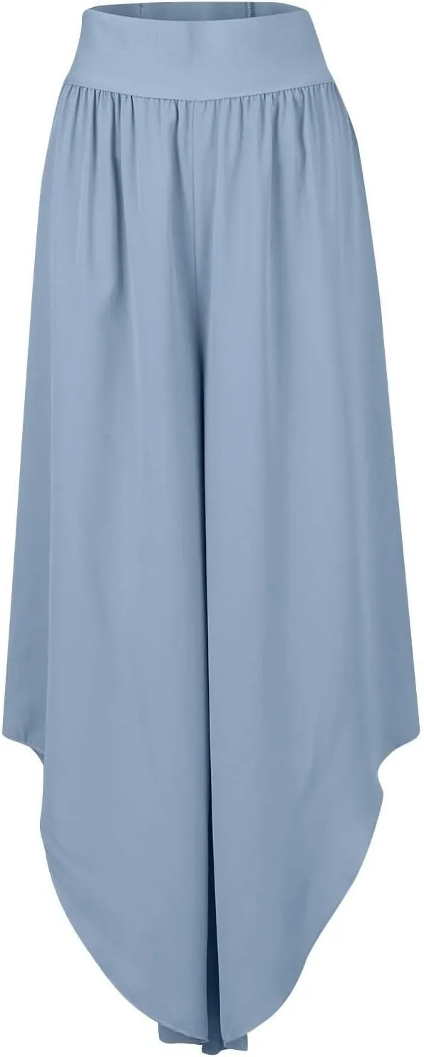 Women's Yoga Palazzo Pants Trendy Flowy Elastic Waist High Fork Wide Leg Pants Comfy Breathable Loose Baggy Trousers