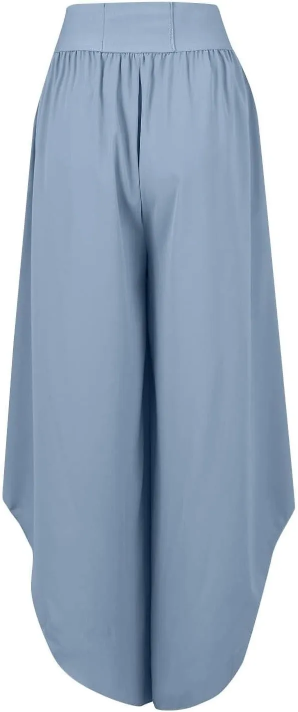 Women's Yoga Palazzo Pants Trendy Flowy Elastic Waist High Fork Wide Leg Pants Comfy Breathable Loose Baggy Trousers