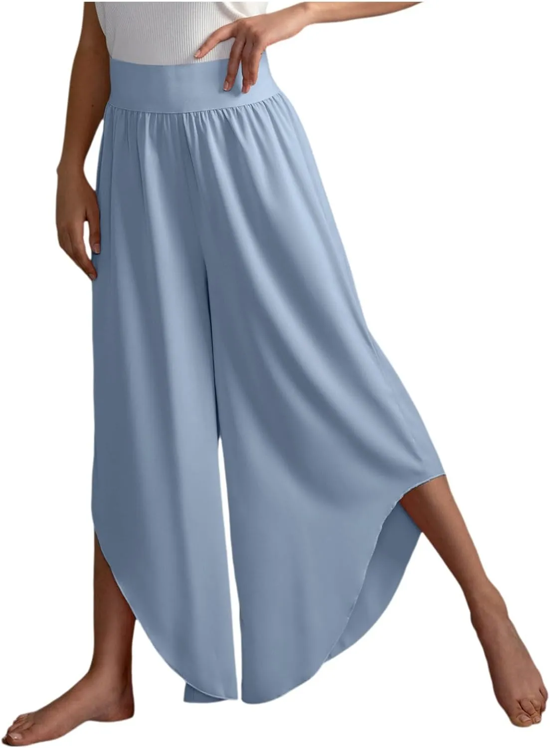 Women's Yoga Palazzo Pants Trendy Flowy Elastic Waist High Fork Wide Leg Pants Comfy Breathable Loose Baggy Trousers