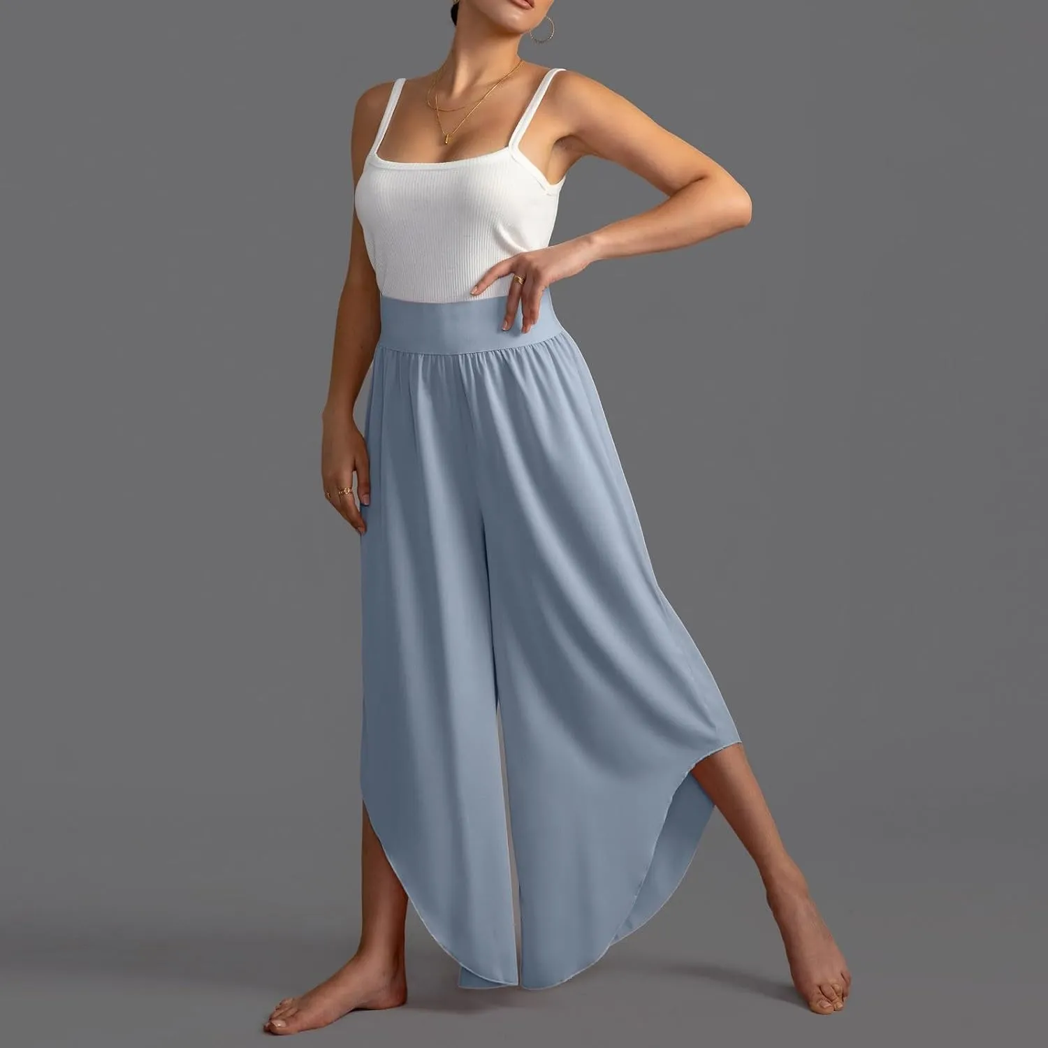 Women's Yoga Palazzo Pants Trendy Flowy Elastic Waist High Fork Wide Leg Pants Comfy Breathable Loose Baggy Trousers