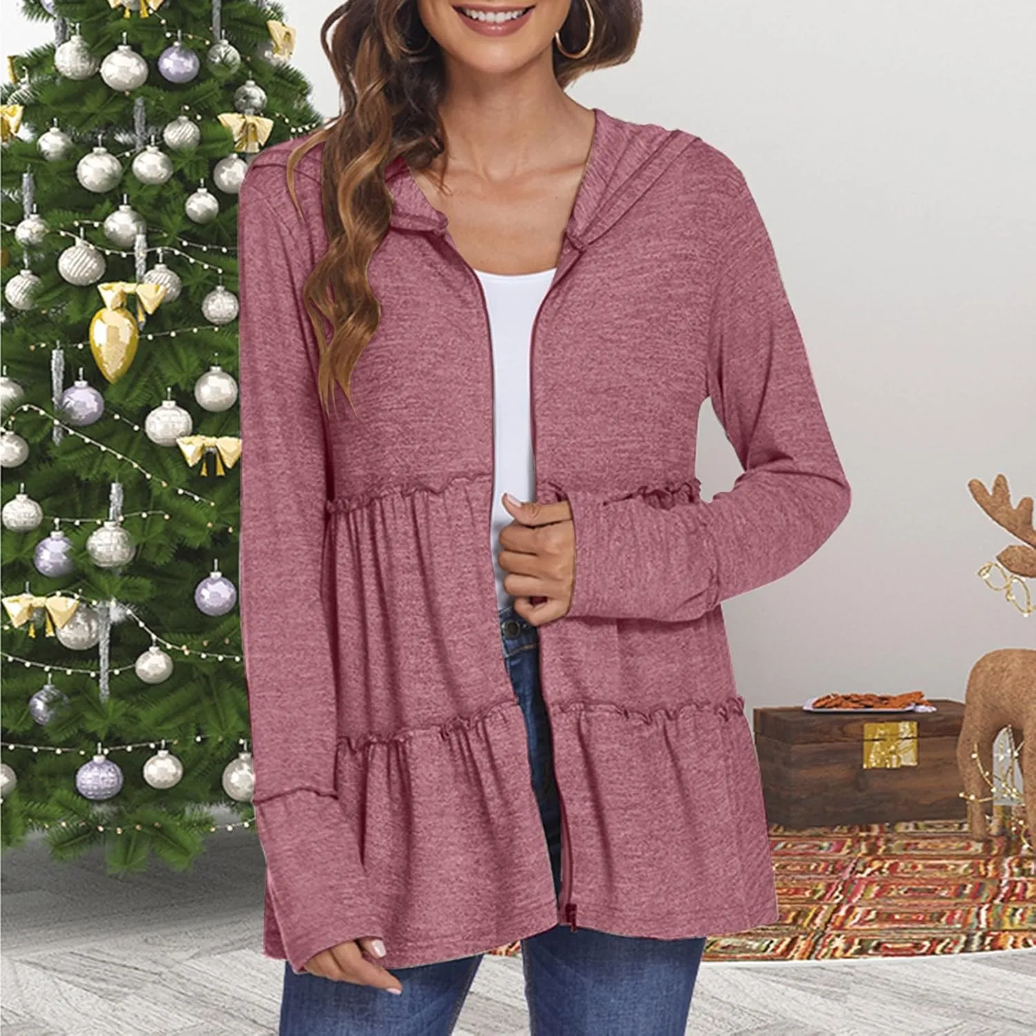 Womens Zip Up Hoodies Lightweight Pleated Tiered Hooded Sweatshirt Casual Long Sleeve Ruffle Pullover Sweaters
