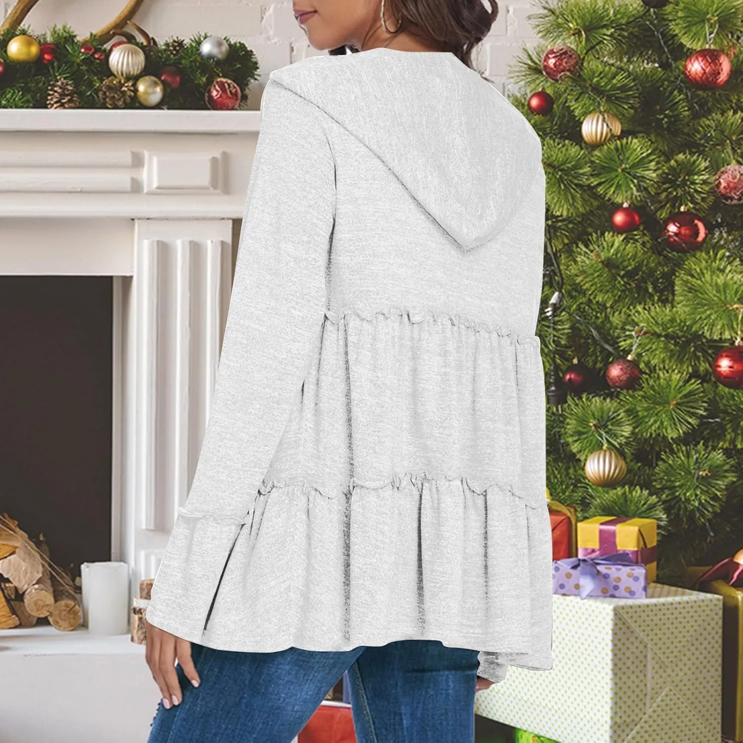Womens Zip Up Hoodies Lightweight Pleated Tiered Hooded Sweatshirt Casual Long Sleeve Ruffle Pullover Sweaters