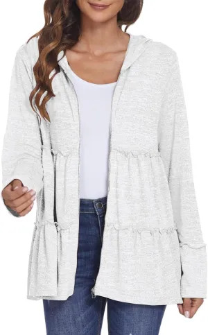 Womens Zip Up Hoodies Lightweight Pleated Tiered Hooded Sweatshirt Casual Long Sleeve Ruffle Pullover Sweaters