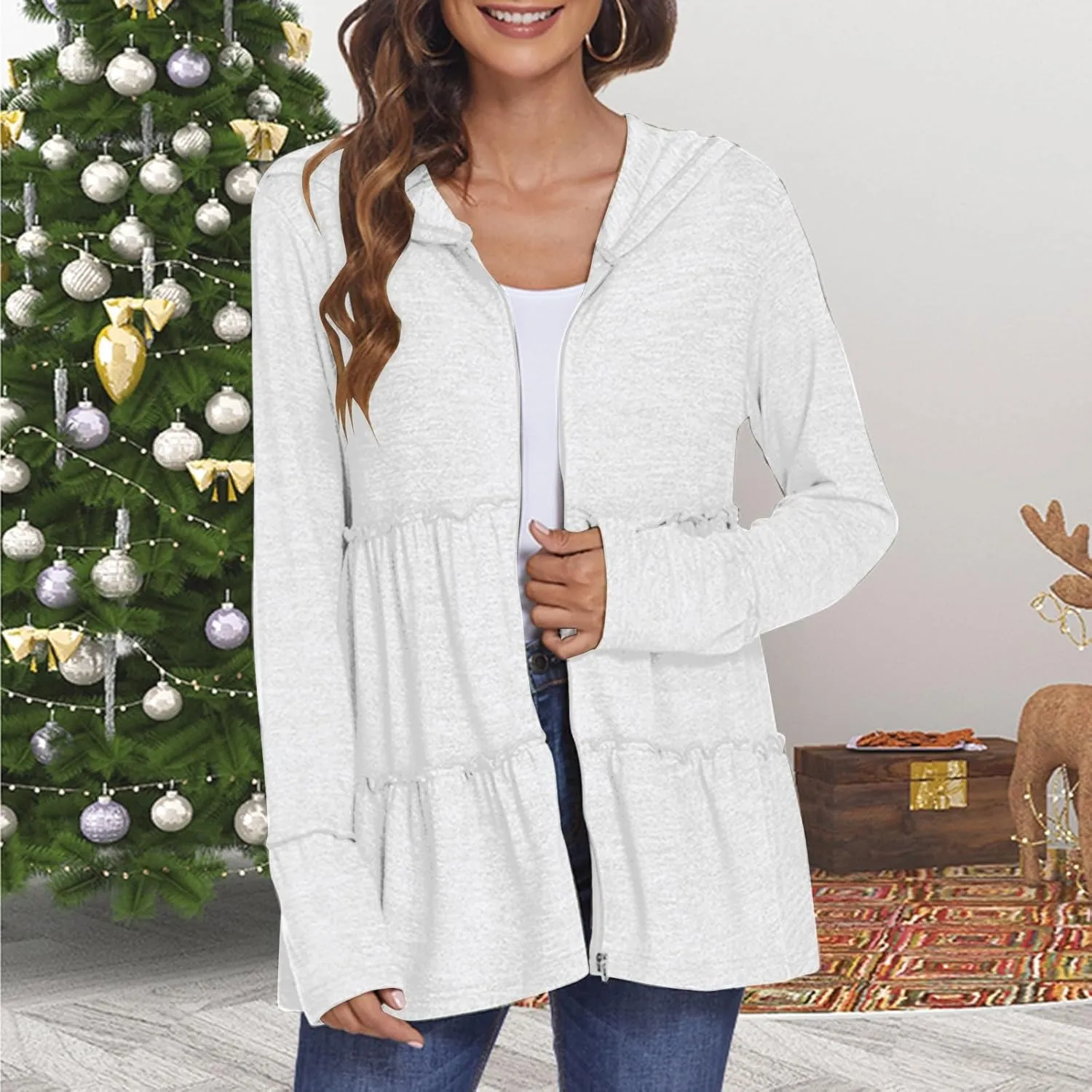 Womens Zip Up Hoodies Lightweight Pleated Tiered Hooded Sweatshirt Casual Long Sleeve Ruffle Pullover Sweaters