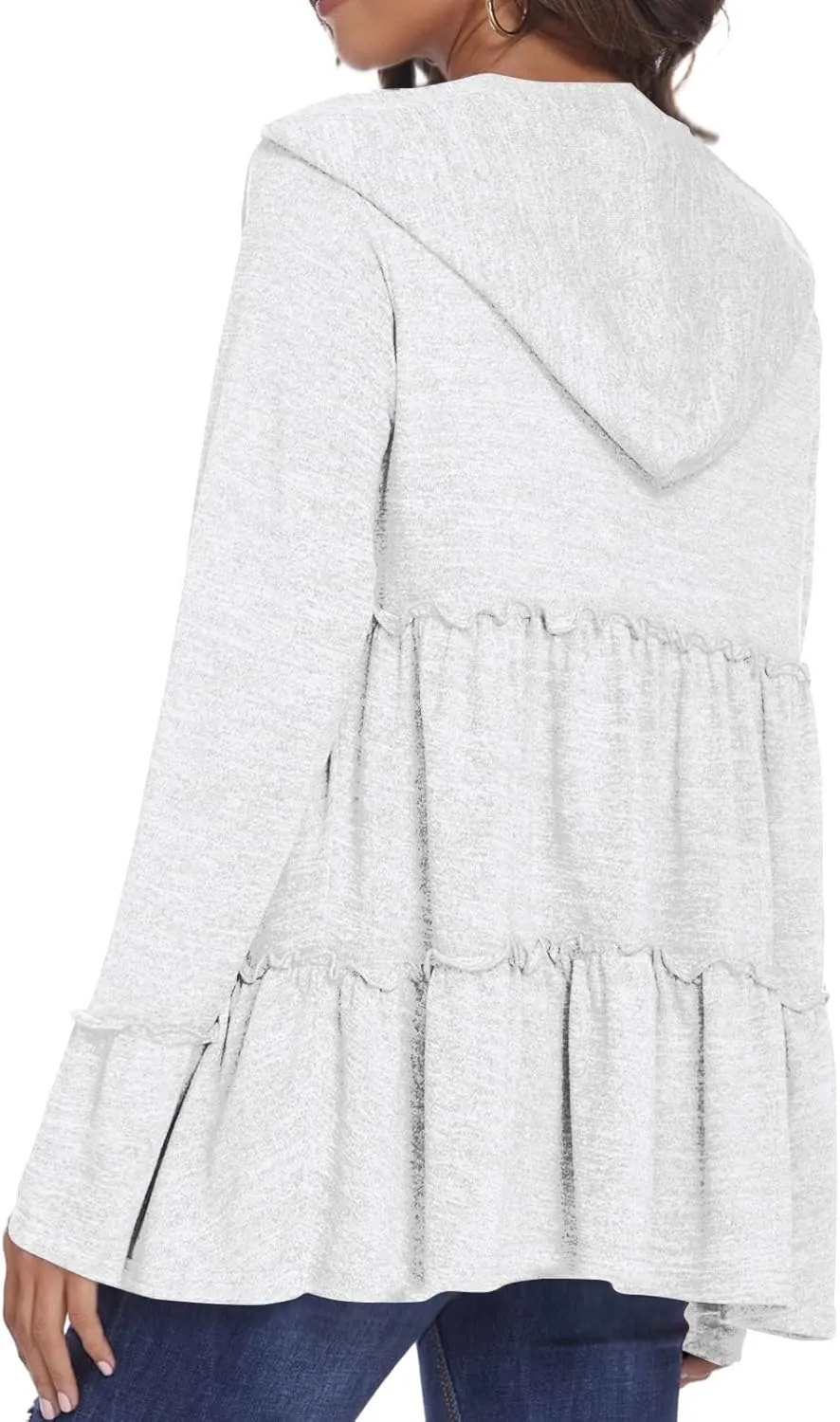 Womens Zip Up Hoodies Lightweight Pleated Tiered Hooded Sweatshirt Casual Long Sleeve Ruffle Pullover Sweaters