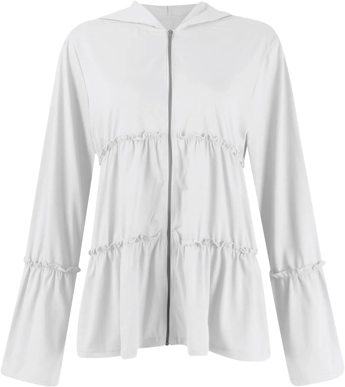 Womens Zip Up Hoodies Lightweight Pleated Tiered Hooded Sweatshirt Casual Long Sleeve Ruffle Pullover Sweaters