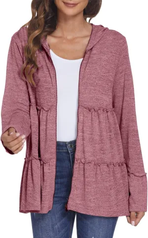 Womens Zip Up Hoodies Lightweight Pleated Tiered Hooded Sweatshirt Casual Long Sleeve Ruffle Pullover Sweaters