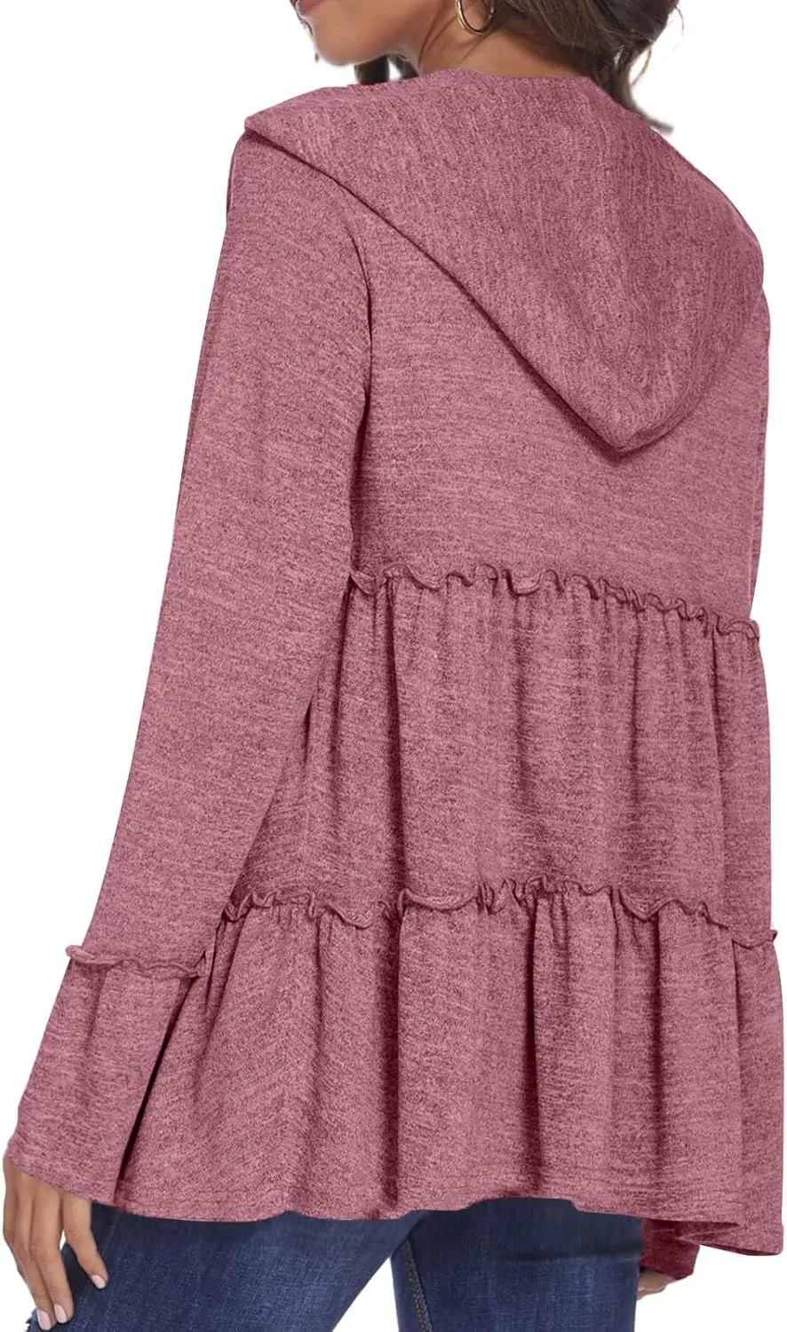 Womens Zip Up Hoodies Lightweight Pleated Tiered Hooded Sweatshirt Casual Long Sleeve Ruffle Pullover Sweaters