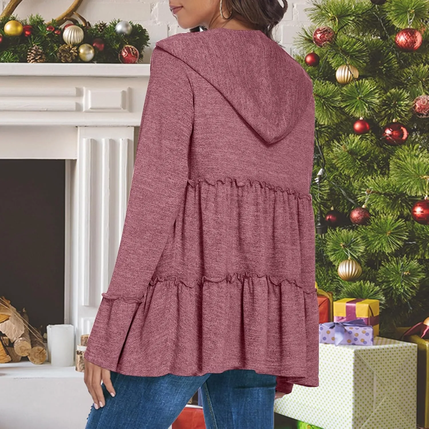 Womens Zip Up Hoodies Lightweight Pleated Tiered Hooded Sweatshirt Casual Long Sleeve Ruffle Pullover Sweaters