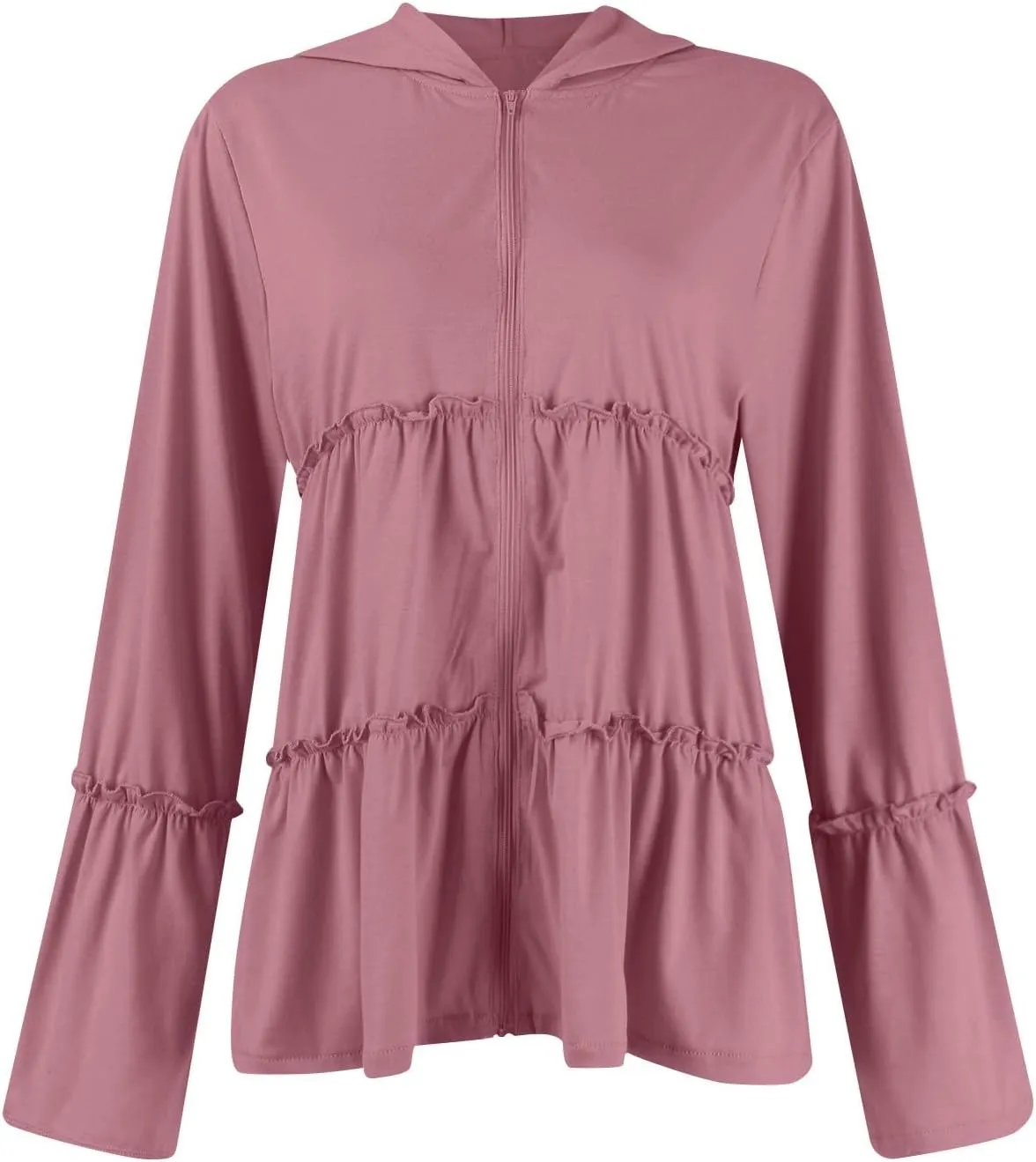 Womens Zip Up Hoodies Lightweight Pleated Tiered Hooded Sweatshirt Casual Long Sleeve Ruffle Pullover Sweaters
