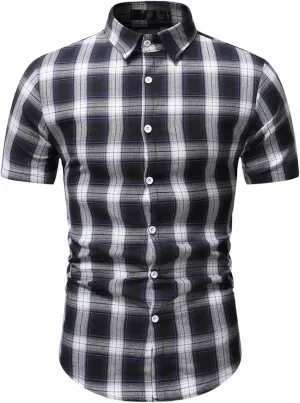 WUAI-Men Slim Fit Dress Shirt Basic Short Sleeve Checked Button Down Collared Shirt Casual Plaid Poplin Business Shirts