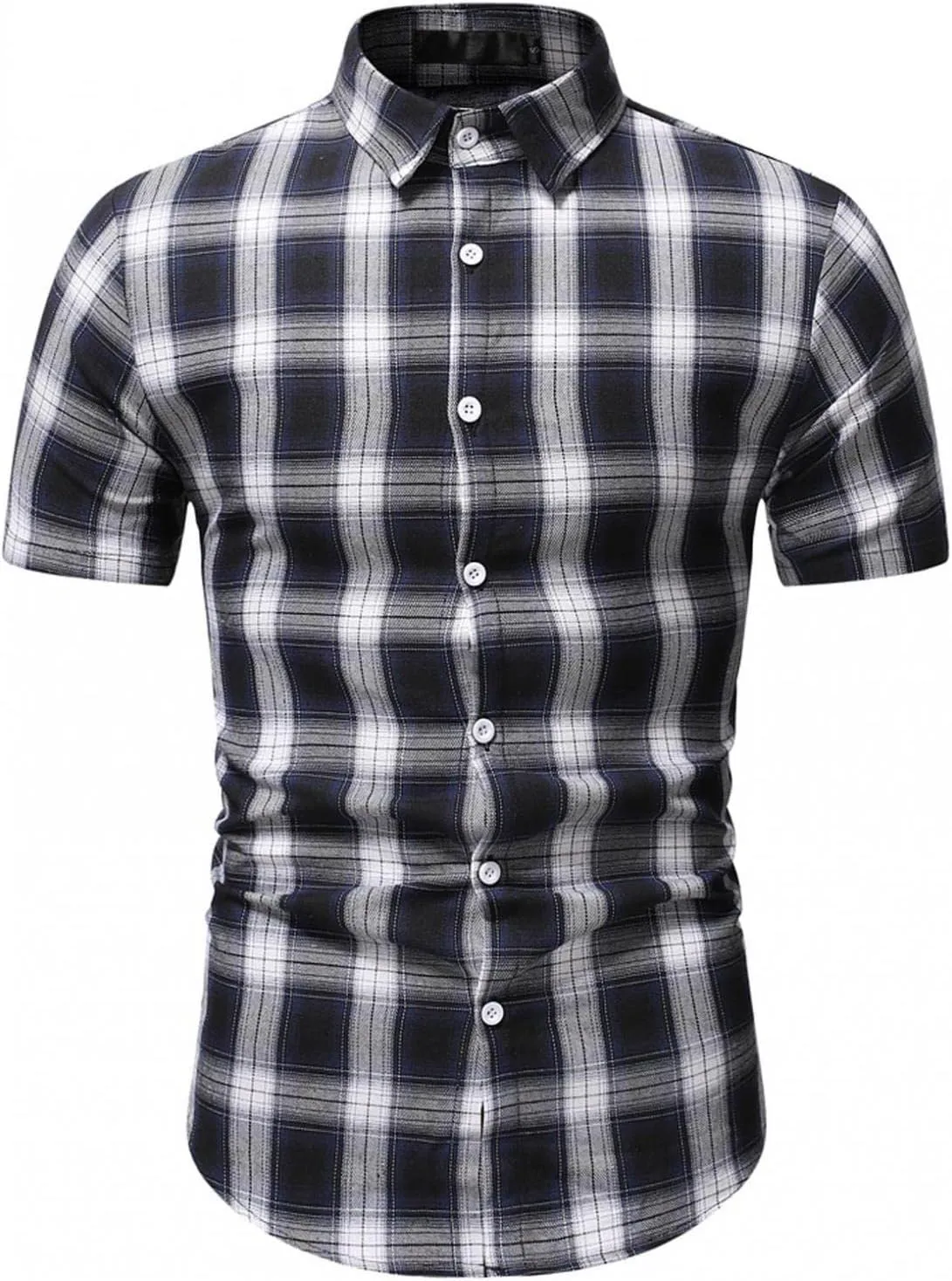 WUAI-Men Slim Fit Dress Shirt Basic Short Sleeve Checked Button Down Collared Shirt Casual Plaid Poplin Business Shirts