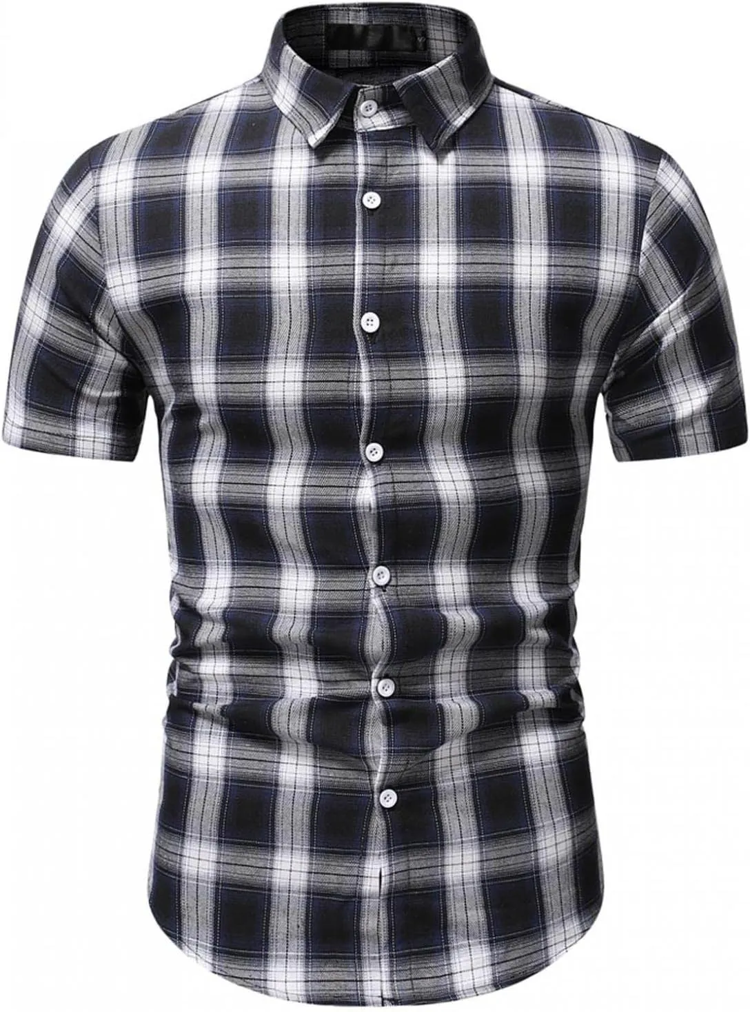 WUAI-Men Slim Fit Dress Shirt Basic Short Sleeve Checked Button Down Collared Shirt Casual Plaid Poplin Business Shirts